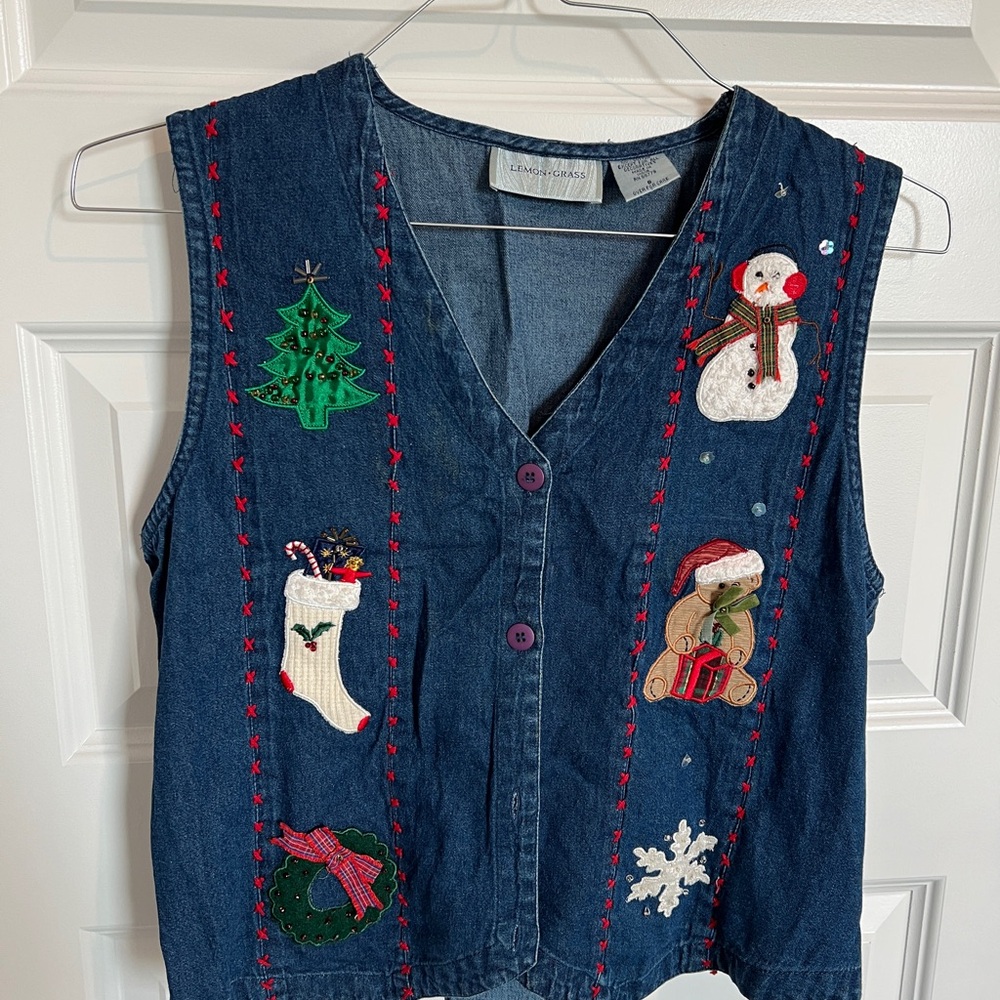 Vintage Denim Vest with Festive Christmas Embroidery